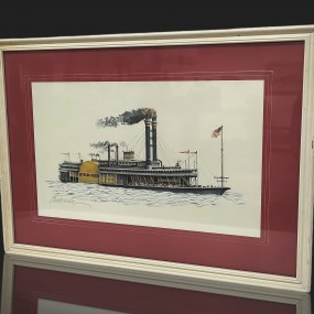 Cadre avec image de bateau, dessin, lithographie signée Jerome Biederman 