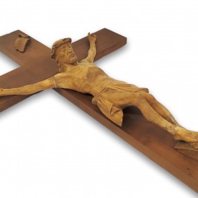 Crucifix avec corpus sculpté en bois, signé Jean-Julien Bourgault 