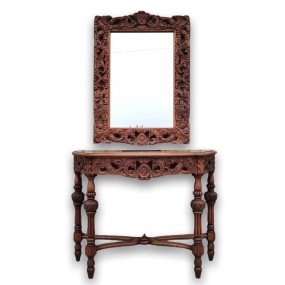 #55864 -  Set of antique walnut carved table and miror