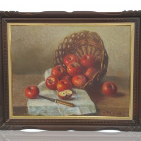 Huile sur toile signée Narcisse Poirier, tableau, peinture, panier d'osier et pommes 