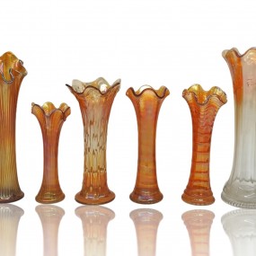 Carnival glass vases, dishes 