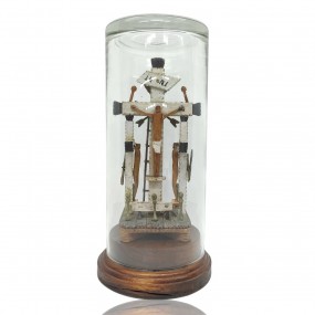 Folk art calvary in a glass dome, crucifix 