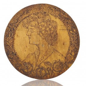 Art deco pyrography drawing on wooden board 