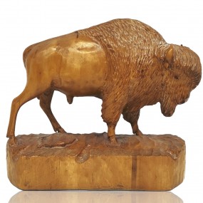 Sculpture art populaire signée Denis Dubé, bison sculpté en bois