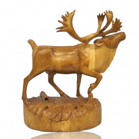 Wooden folk art carved caribou, sculpture signed Denis Dubé