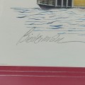 Cadre avec image de bateau, dessin, lithographie signée Jerome Biederman  - 2